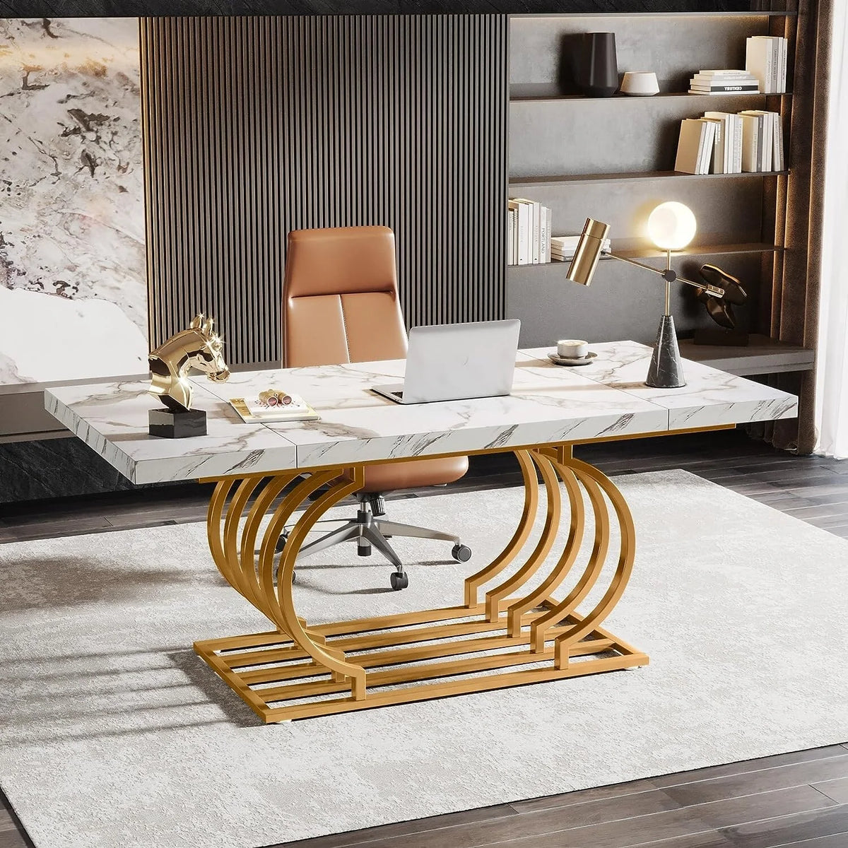 63" White and Gold Office Desk U893