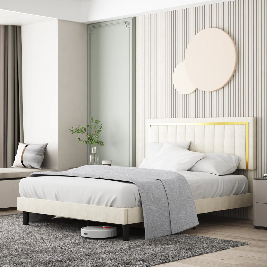 Upholstered Platform Bed Frame with Gold Trim Full Size Fabric Bed D63504