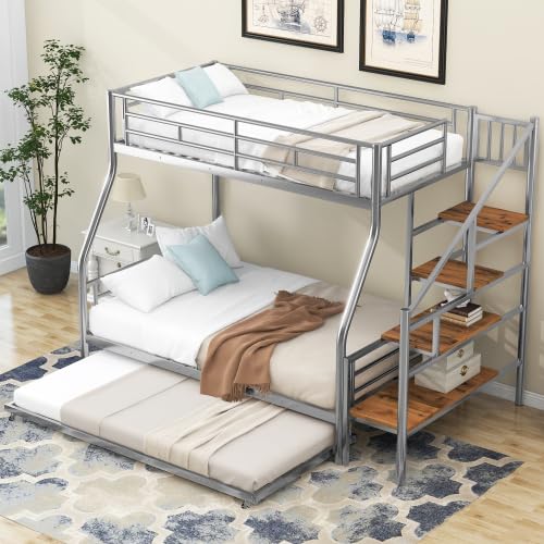 Black Twin Over Full Metal Bunk Bed with Trundle and Storage Staircase X583