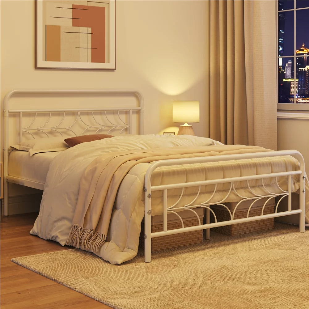 White Full Size Metal Bed with Headboard and Footboard U8532