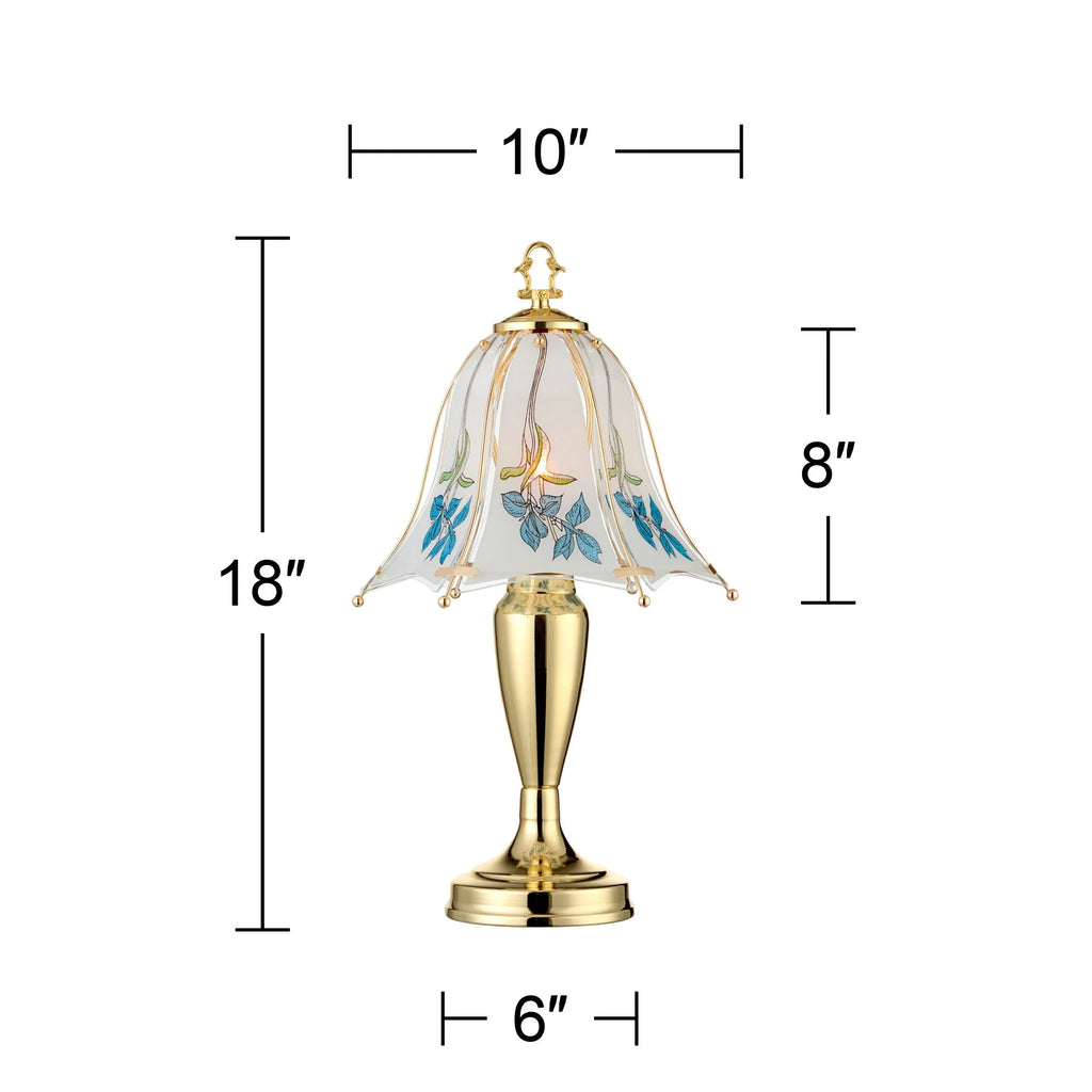 18" High Brass Accent Table Lamp Blue Floral Glass Shade E76368