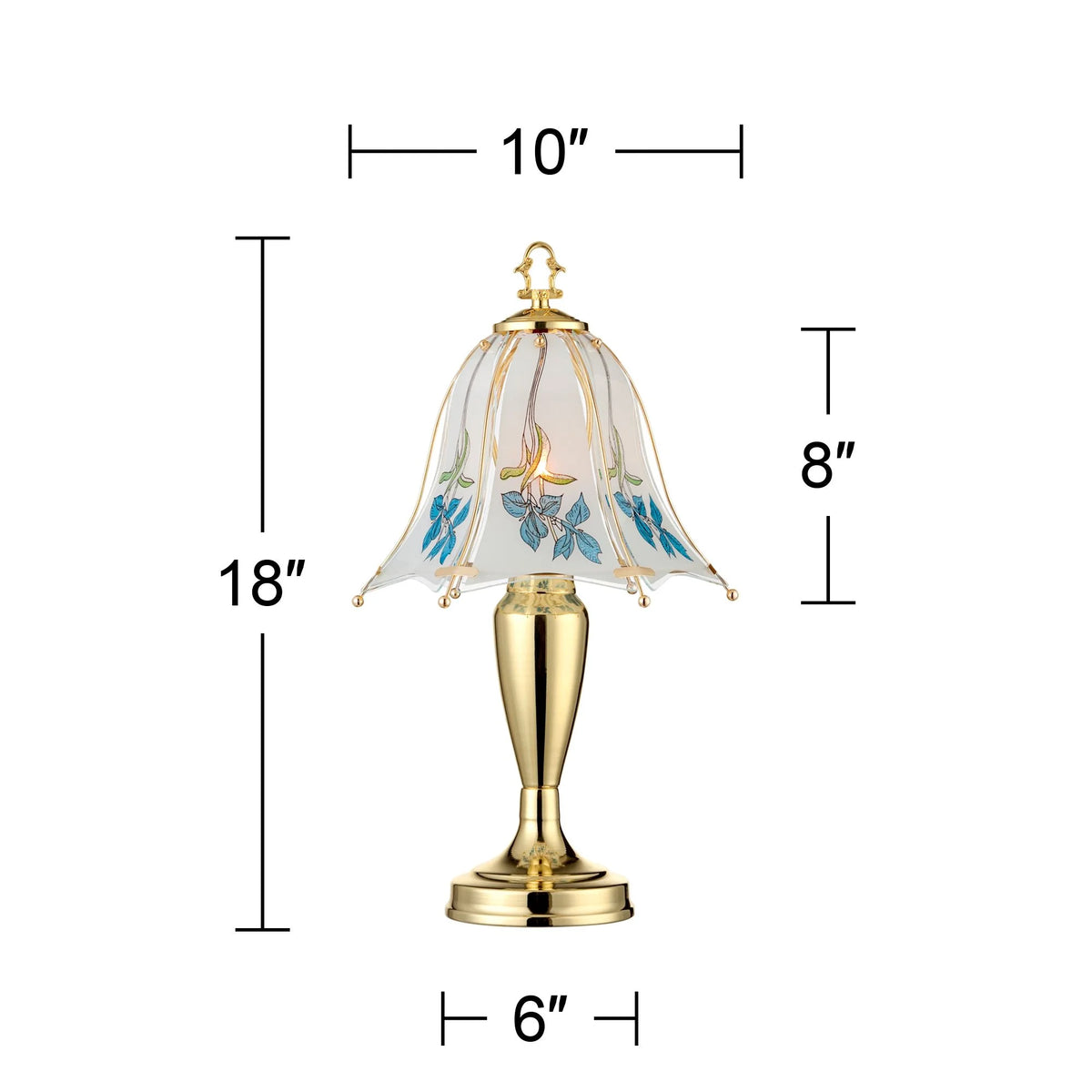 18" High Brass Accent Table Lamp Blue Floral Glass Shade E76368