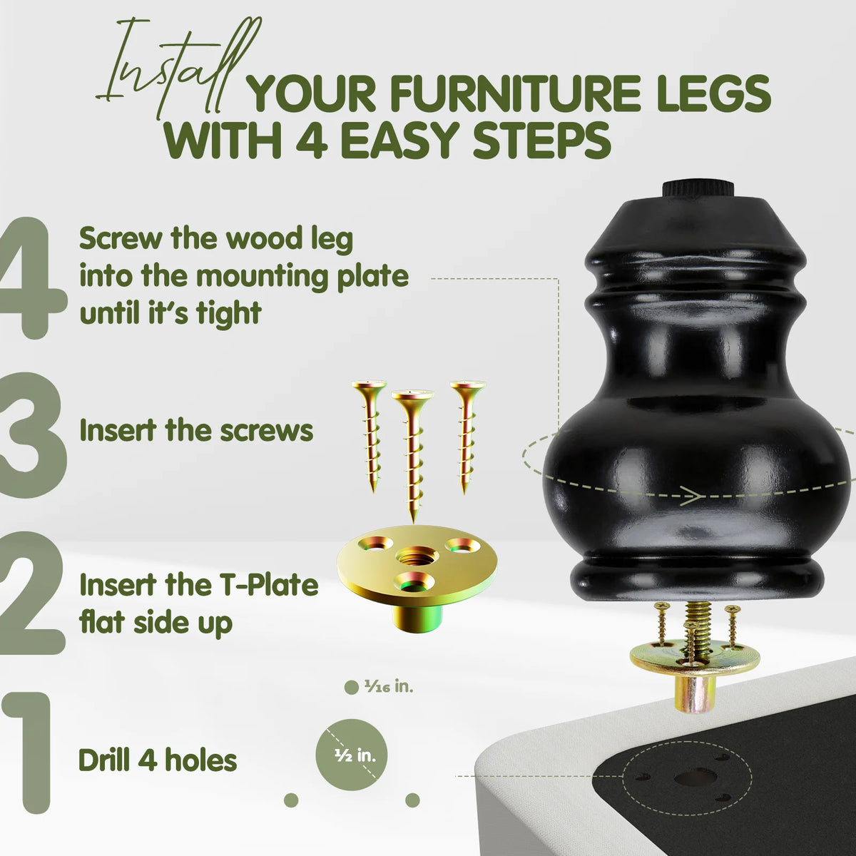 4 Inches Turned Concave Solid Wood Furniture Legs with Adjustable Leveler D5549