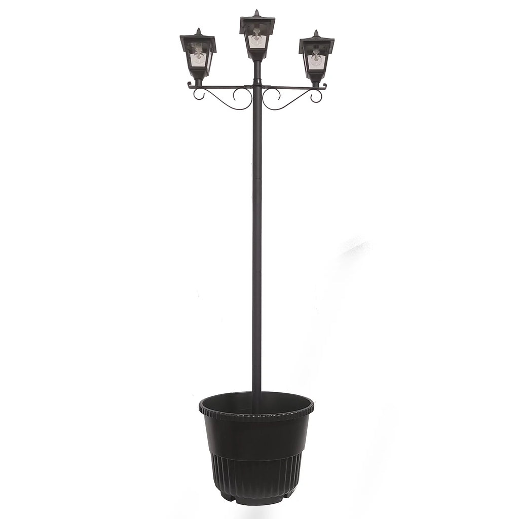 Black Triple Head Solar Lamp and Post Set with Round Planter Q7017