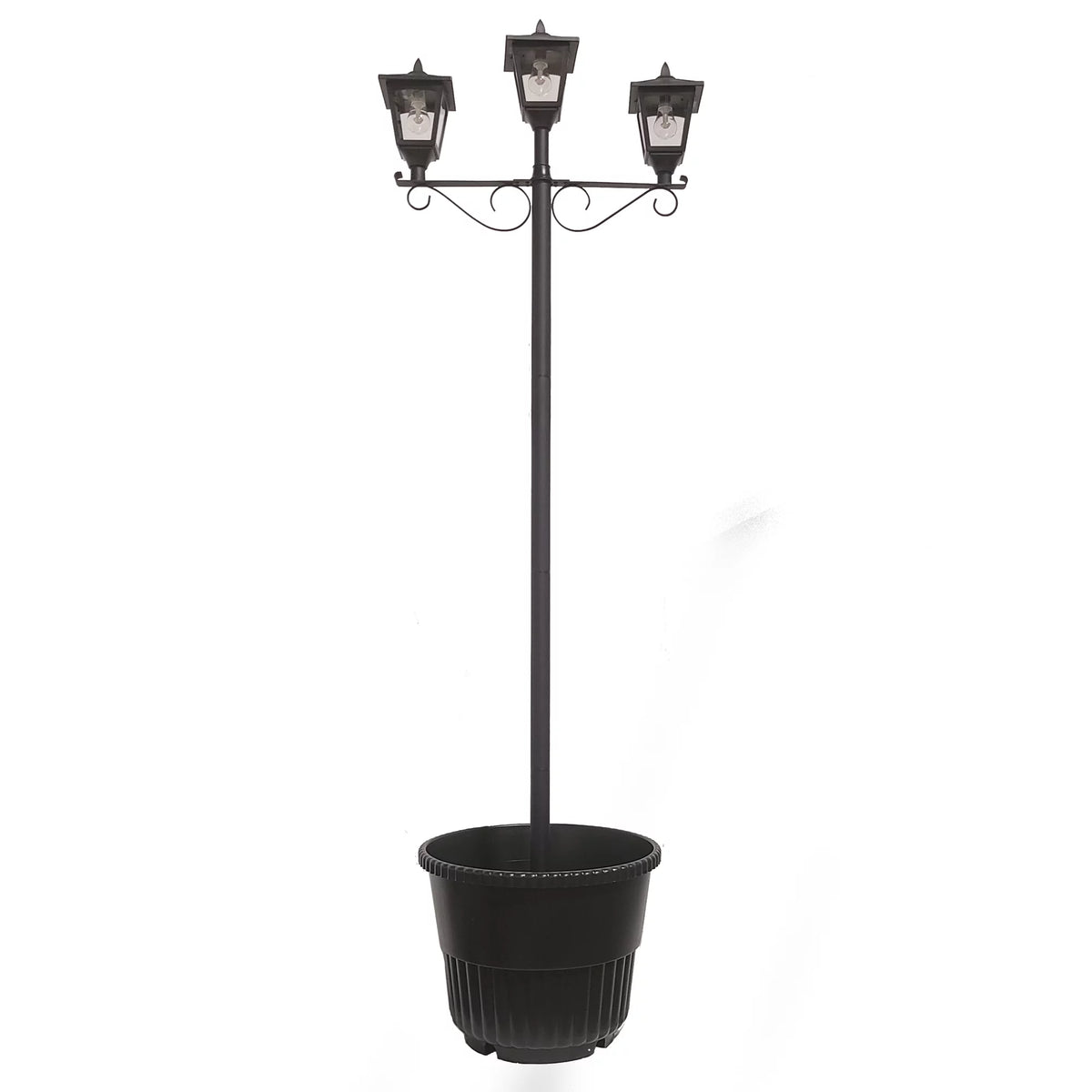 Black Triple Head Solar Lamp and Post Set with Round Planter Q7017