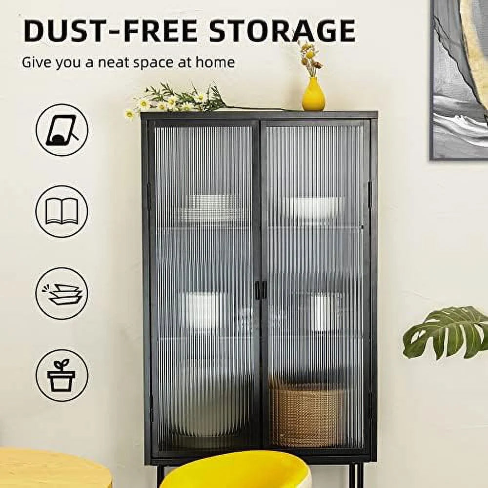 Black Fluted Glass Cabinet with Removable Shelves V26938