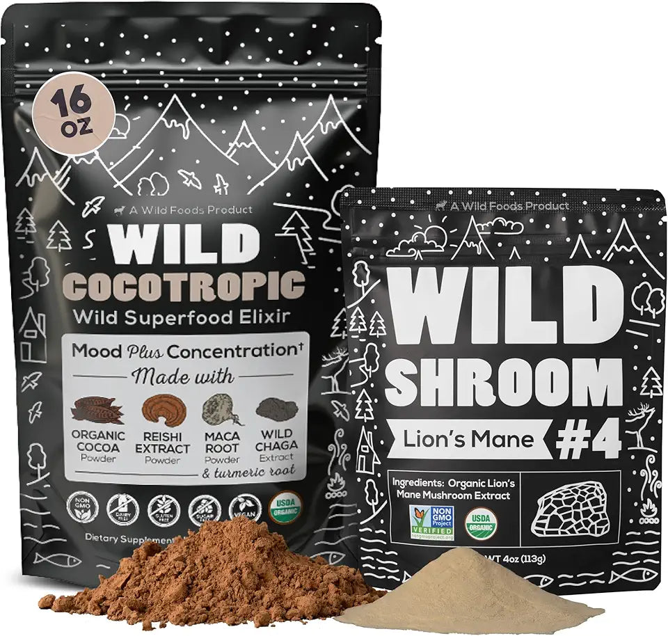 Organic Mushroom Cacao Mix 16oz & Lion's Mane Powder 4oz Bundle L1412