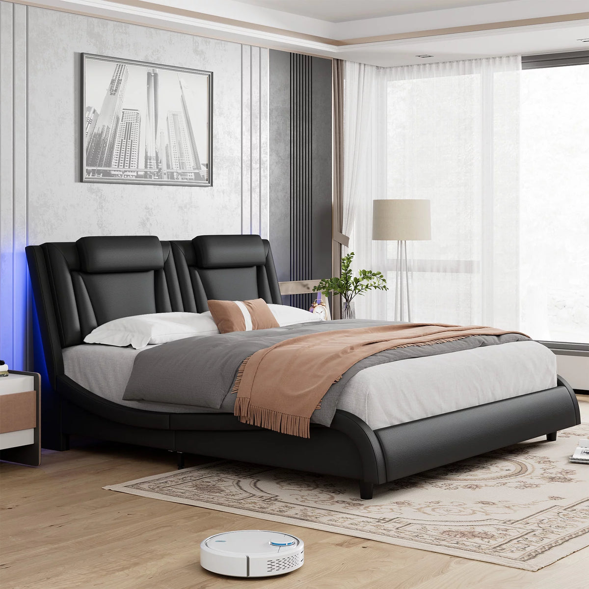 Queen LED PU Leather Upholstered Platform Bed with Adjustable Headboard W6458