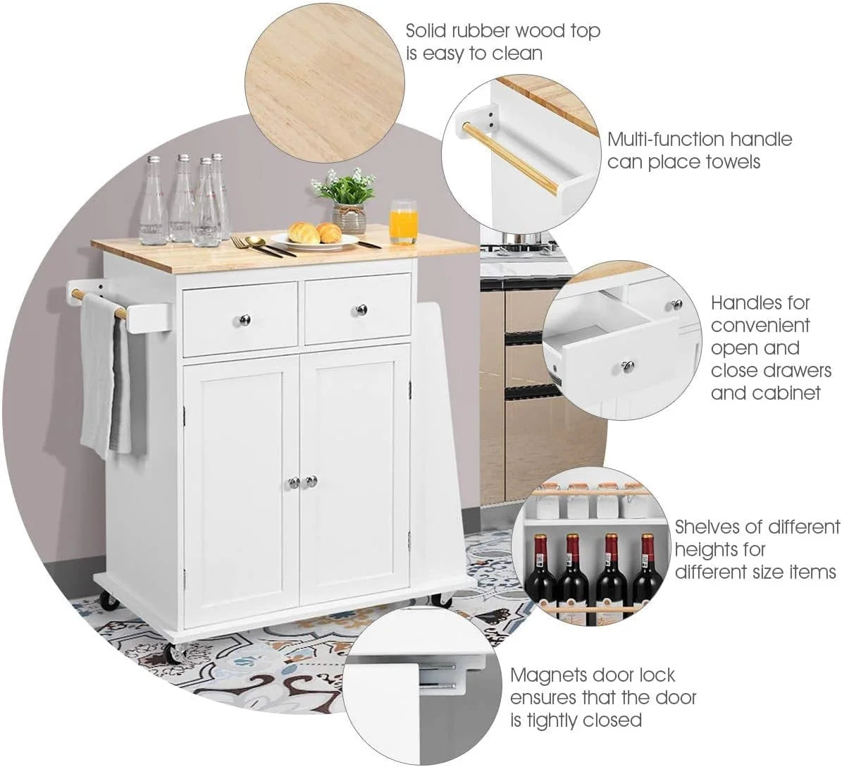 Black Wooden Kitchen Utility Cart with 2 Drawers P9232