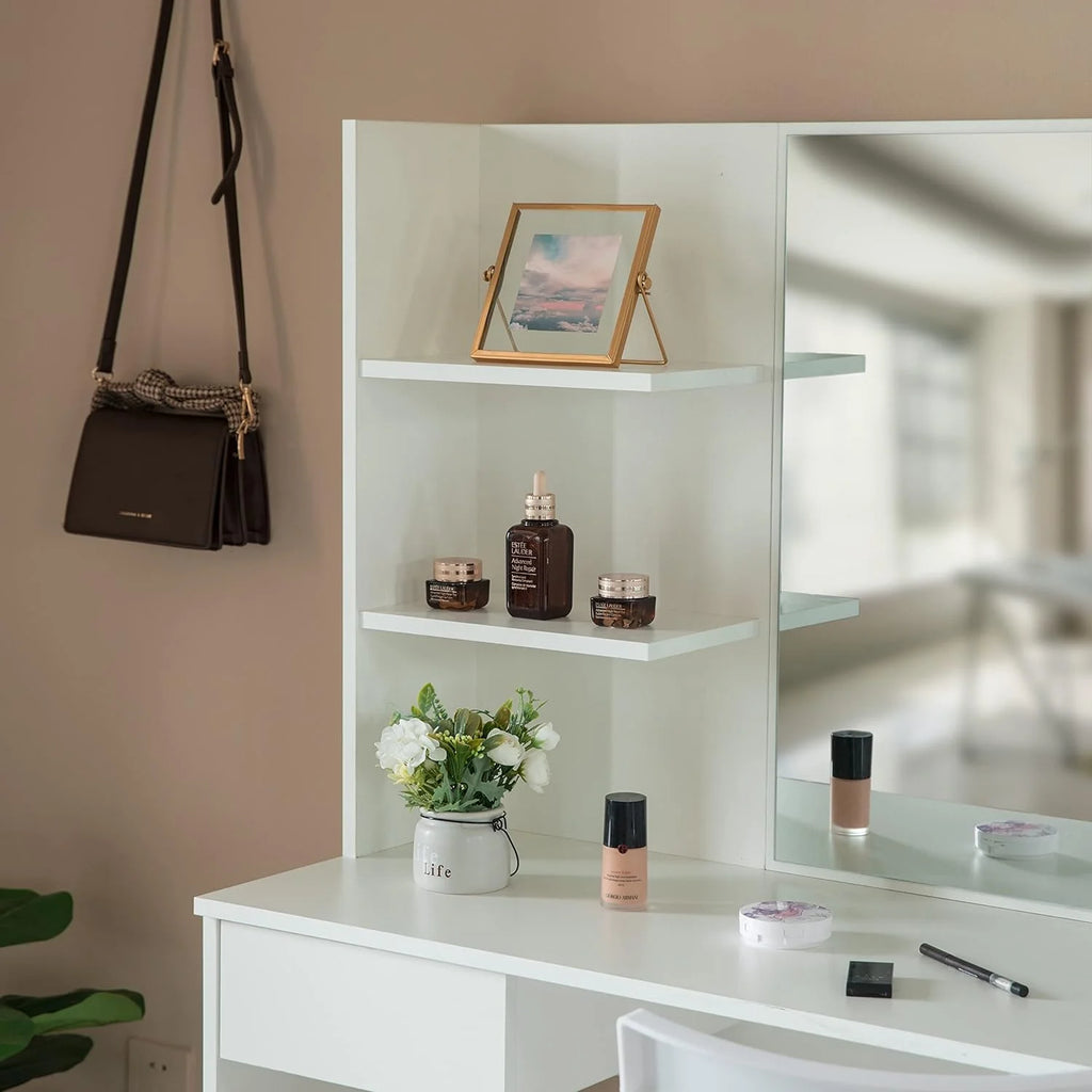 White Wooden Dressing Table with Drawer, Mirror and Shelves P935