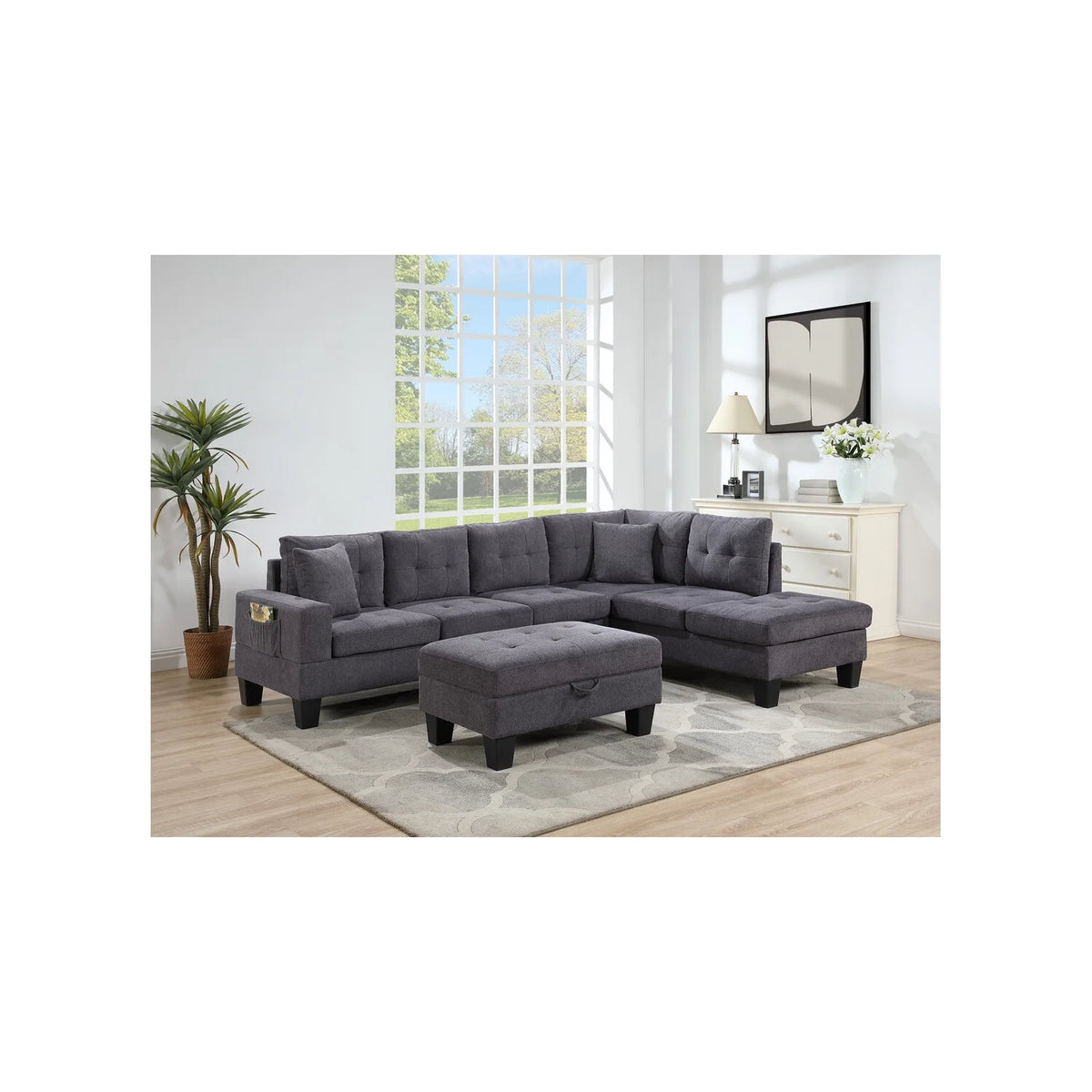 Dark Gray Woven Fabric Sectional with Charging Ports Cupholders E5686