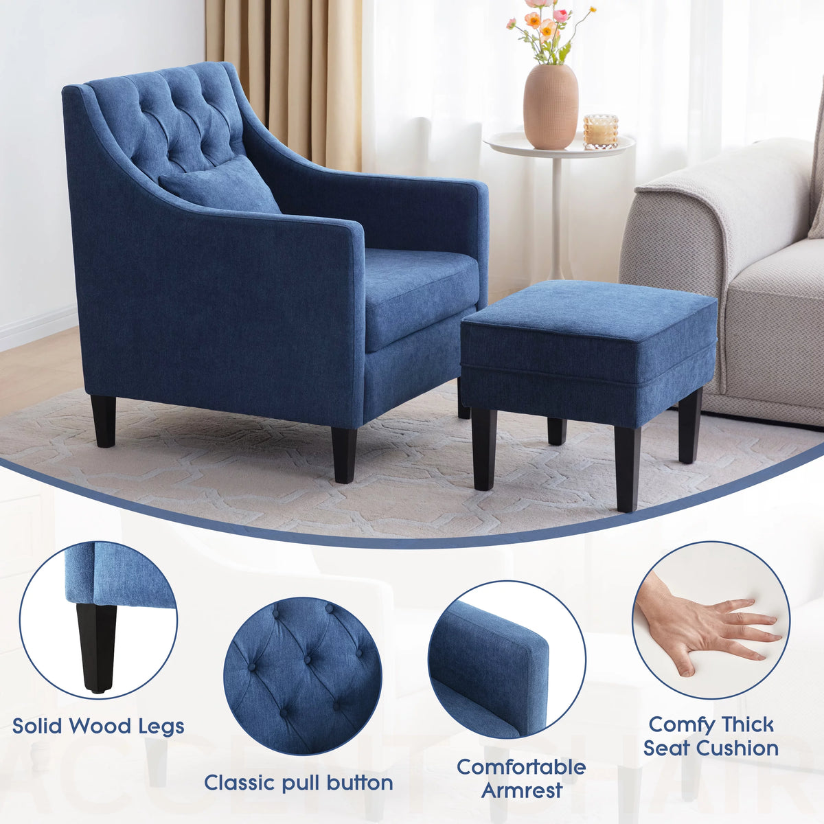 Blue Upholstered Accent Chair with Ottoman I822