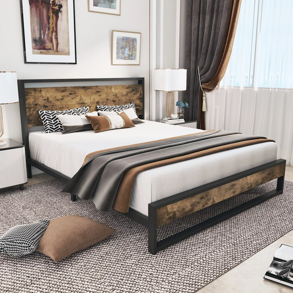 Queen Platform Bed Frame with Wooden Headboard and Steel Slats G171949