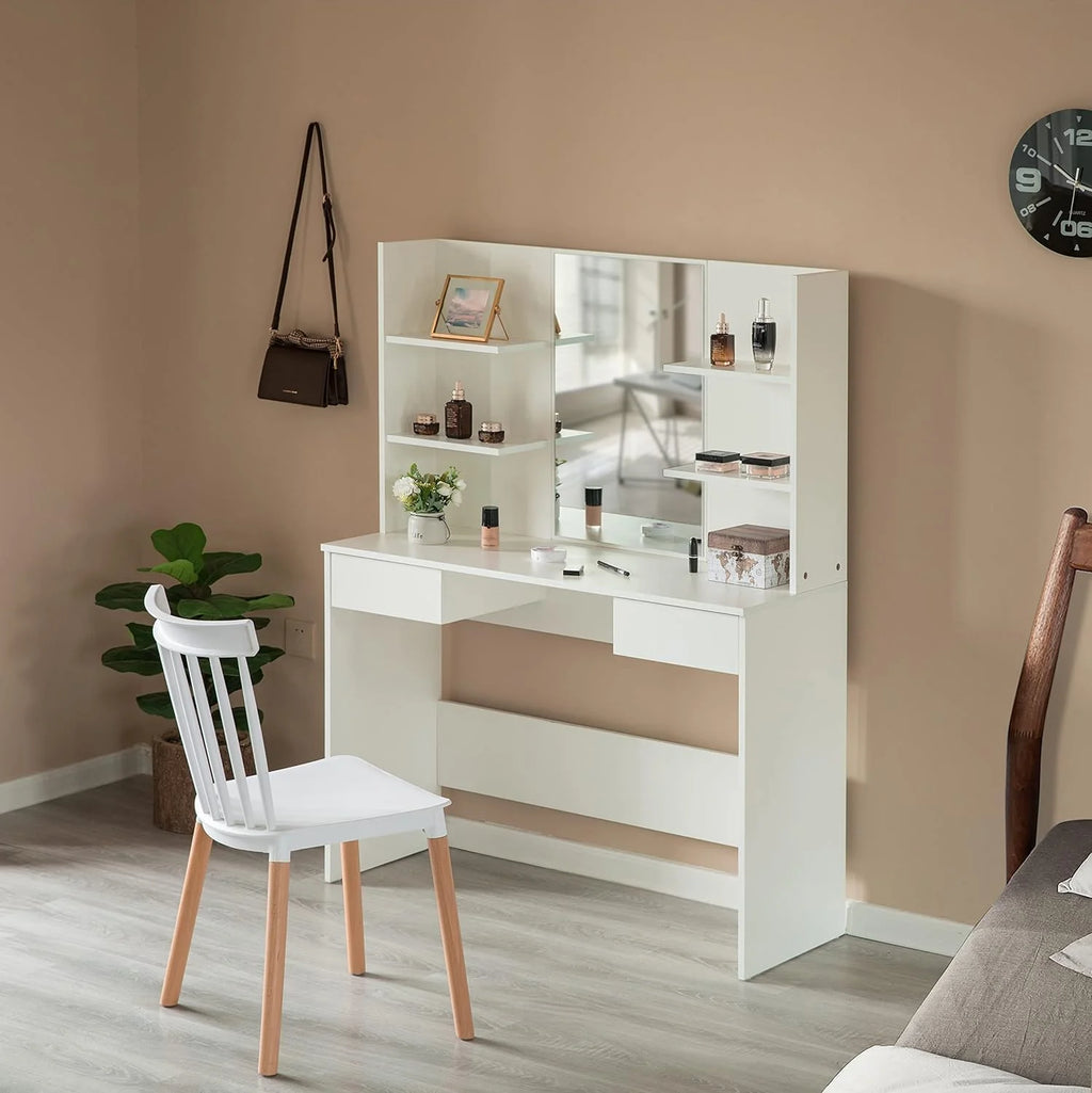 White Wooden Dressing Table with Drawer, Mirror and Shelves P935