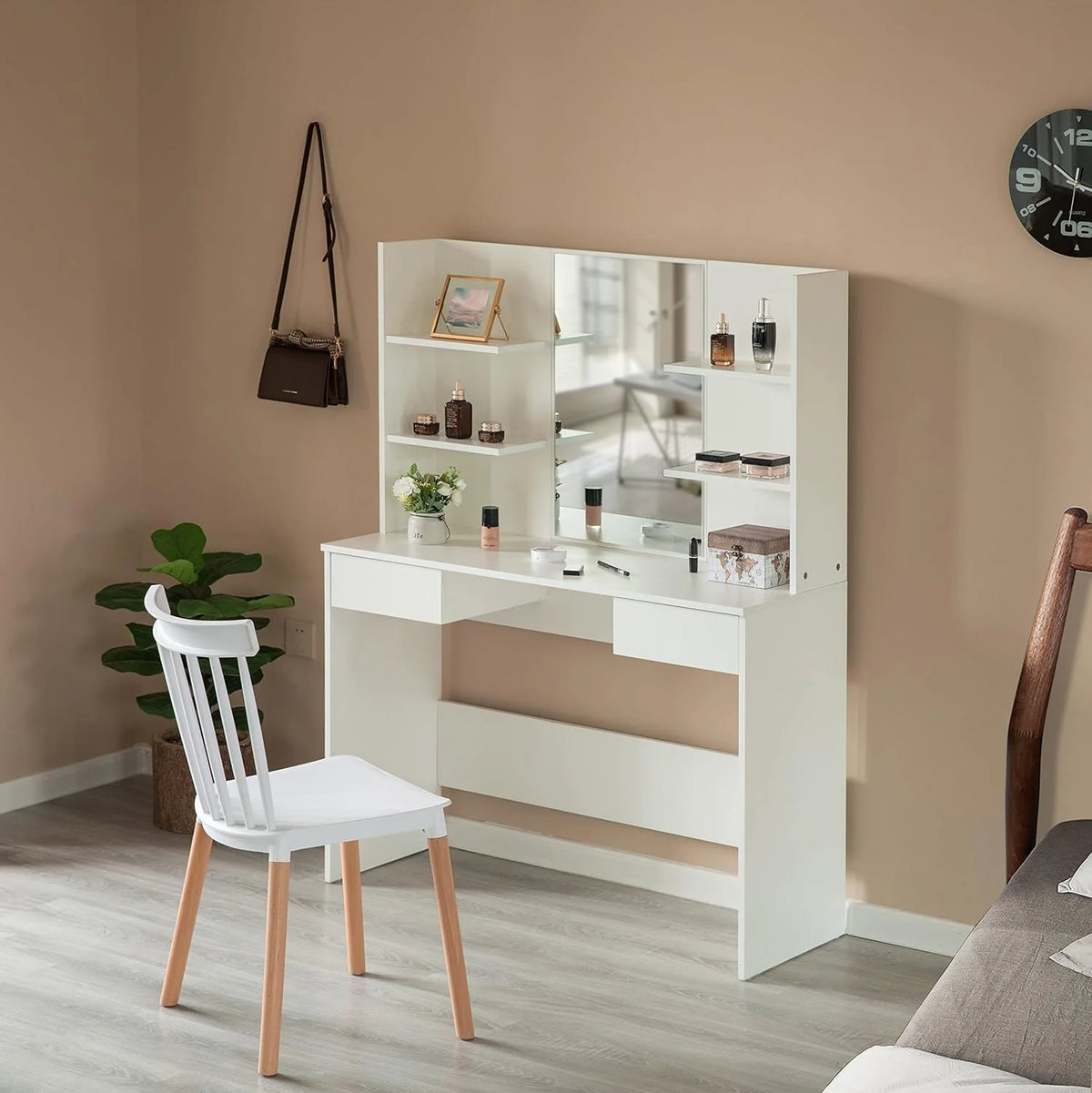 White Wooden Dressing Table with Drawer, Mirror and Shelves P935