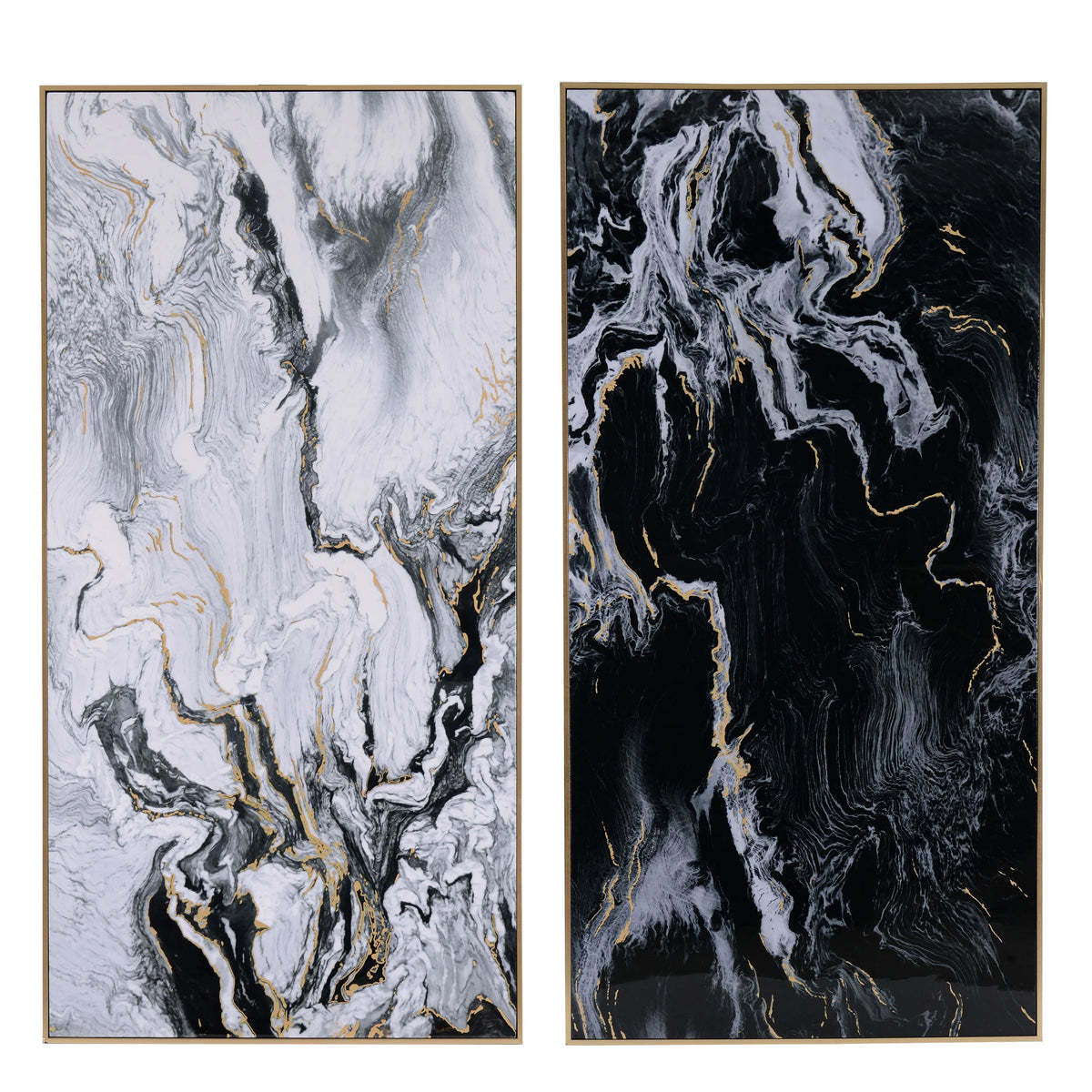Black and White Marbled Print Wall Art with Gold Frame, Set of 2 I4514
