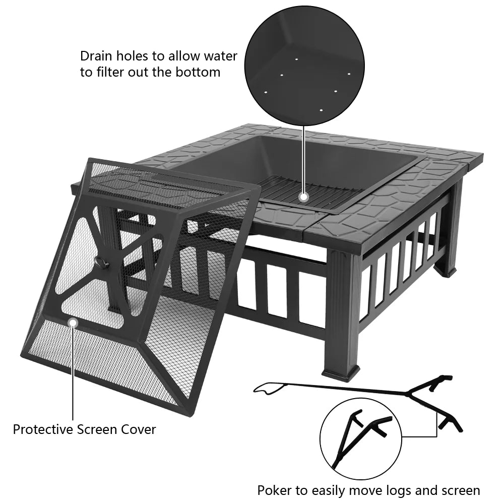 32 Wood Burning Fire Pit with Screen Lid and Poker, Black I593