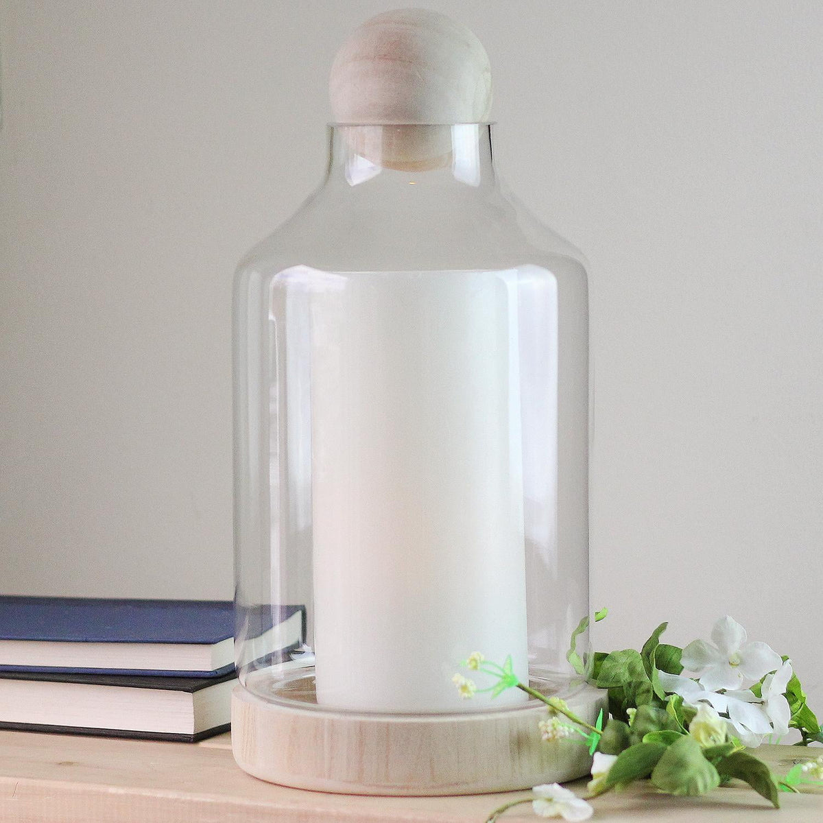 14" Glass Hurricane with Wooden Lid and Base Y8328
