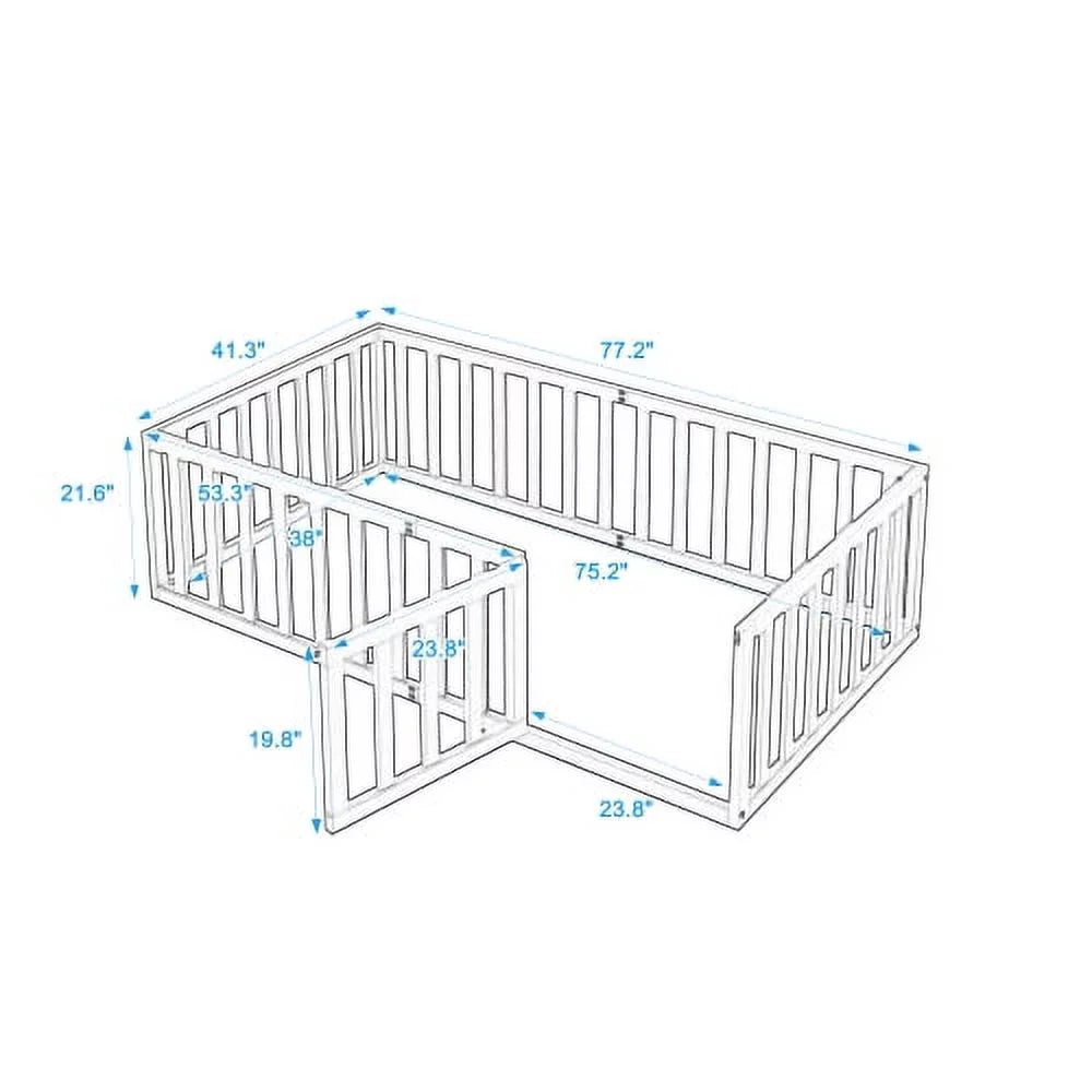 Full Size Wood Floor Bed with Fence Guardrails and Slats F707