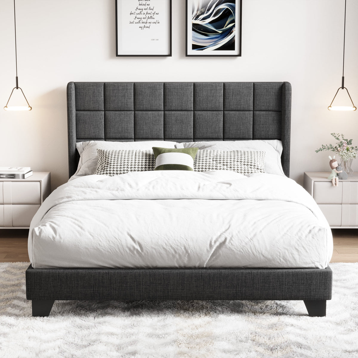 Queen Size Dark Grey Platform Bed with Wingback Headboard Z967841
