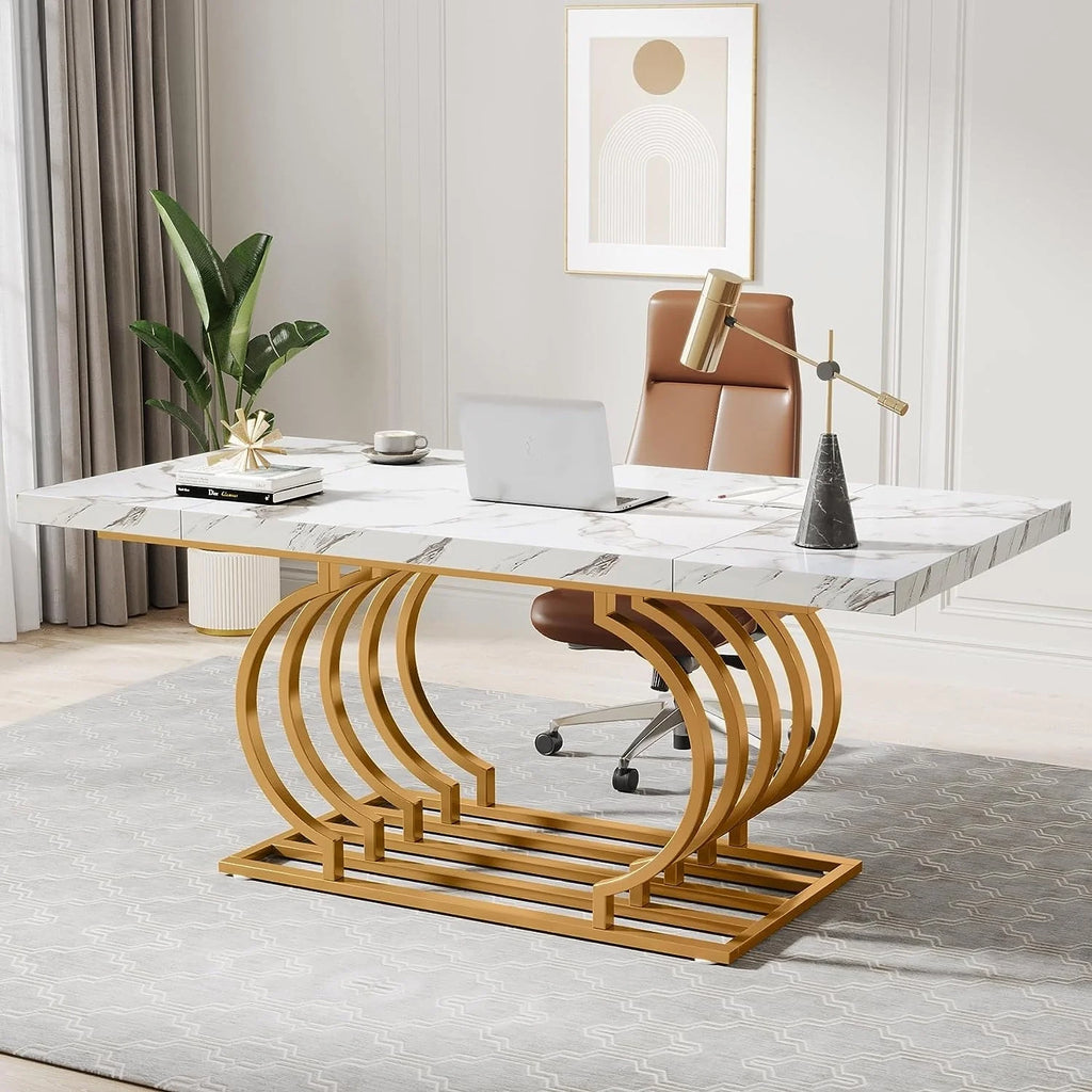 63" White and Gold Office Desk U893