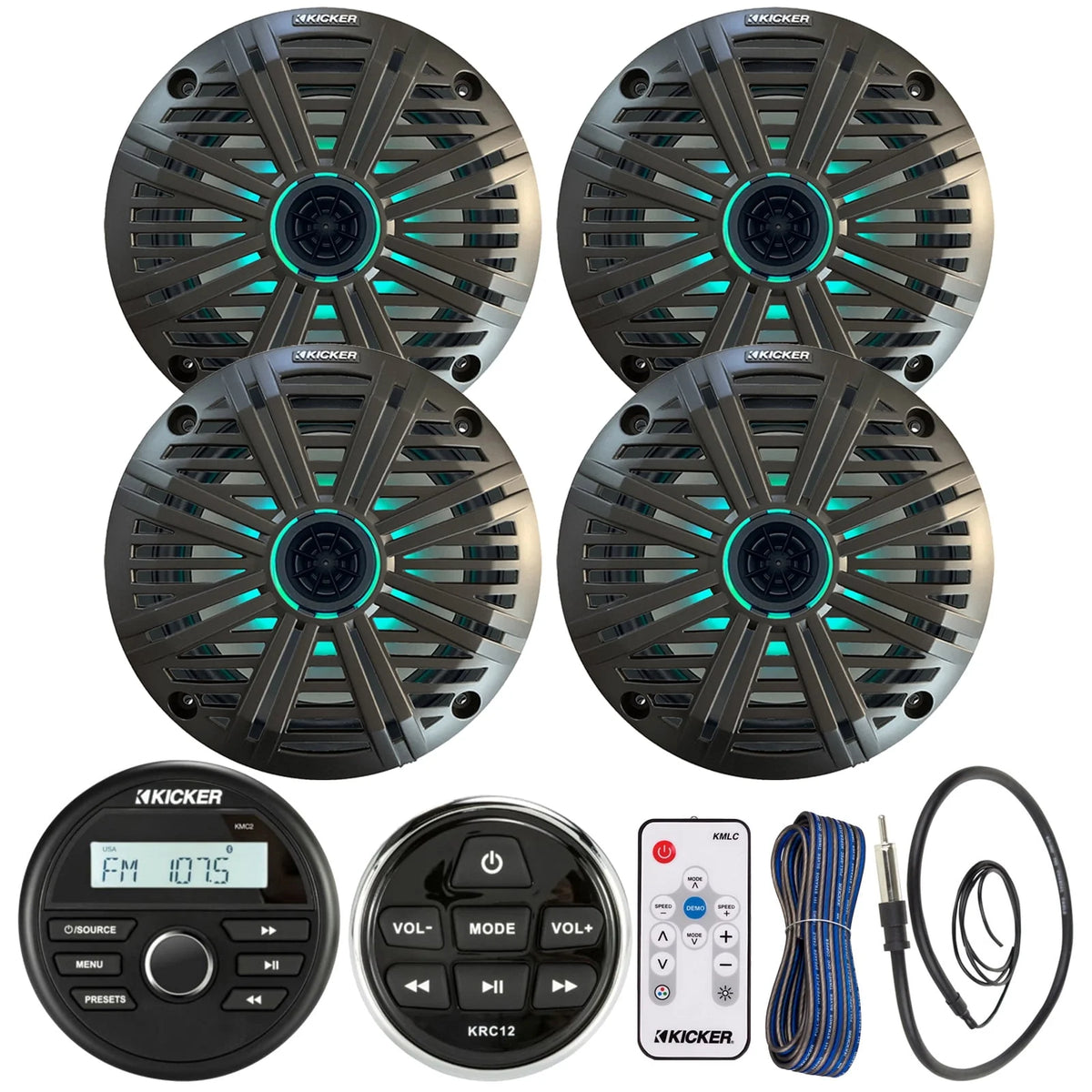 Bluetooth USB Marine Stereo Receiver Bundle with 4x 6.5 2-Way Coaxial LED Speakers N66762