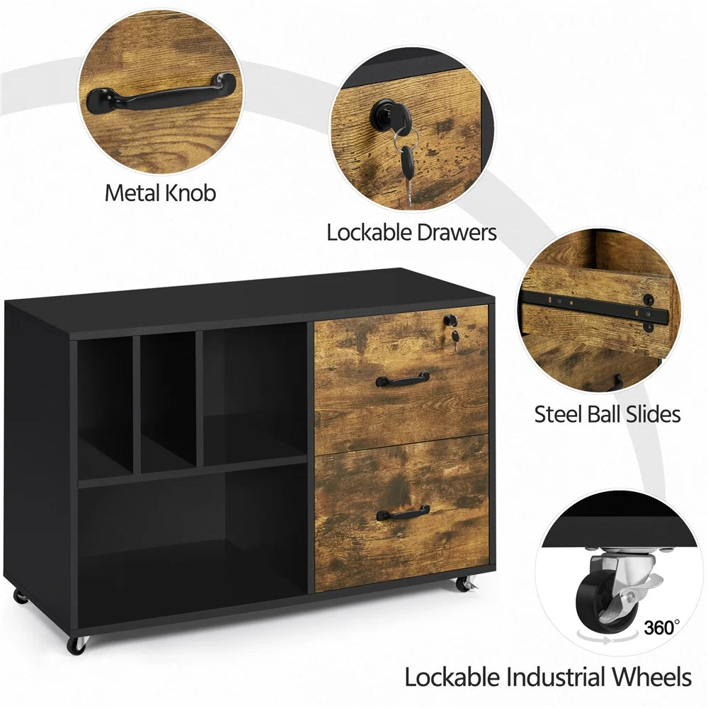 Rolling File Cabinet with 2 Drawers and Open Shelving N7662