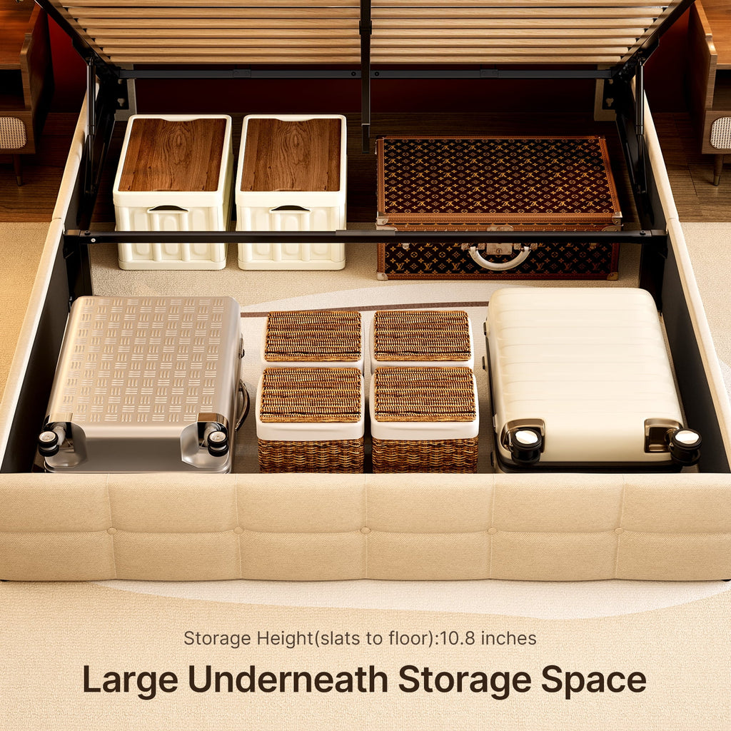 Beige Full Size Hydraulic Storage Bed Frame with Wingback Headboard W99507