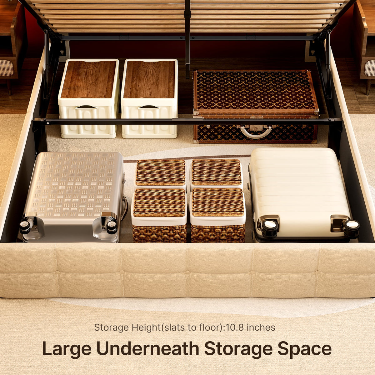 Beige Full Size Hydraulic Storage Bed Frame with Wingback Headboard W99507