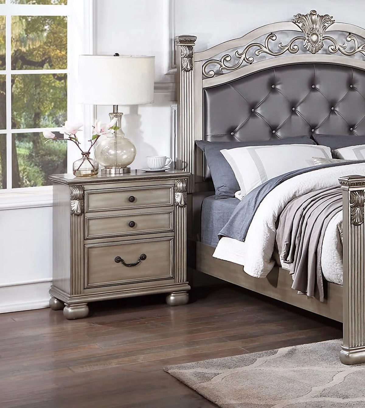 Cal King Size Tufted Fabric Bed 3pc Set with 2 Nightstands Grey O273