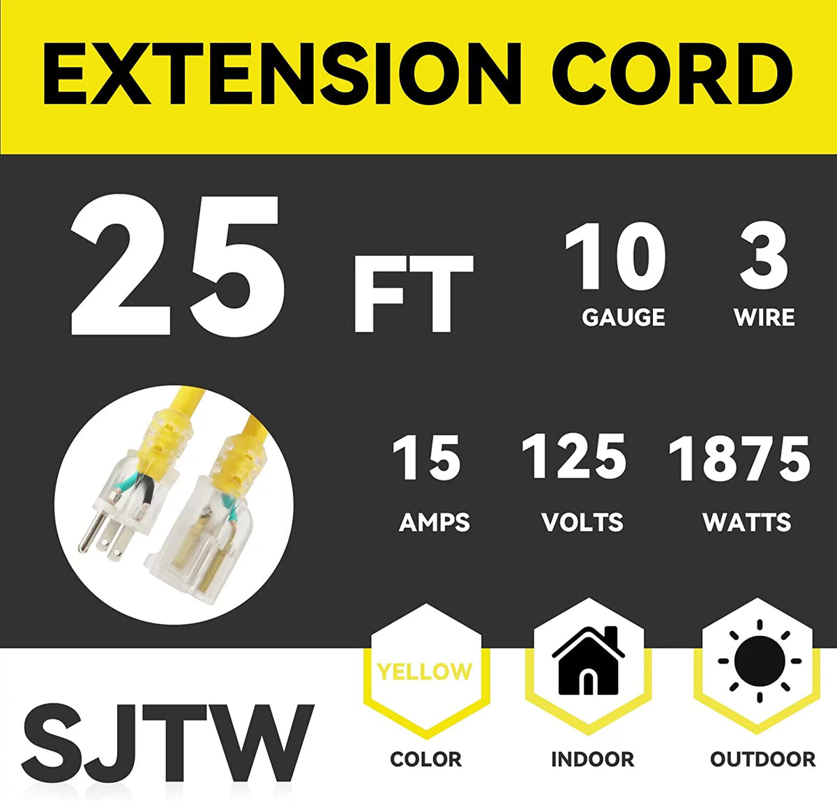 25 Ft 10/3 SJTW Yellow Outdoor/Indoor Extension Cord H512747