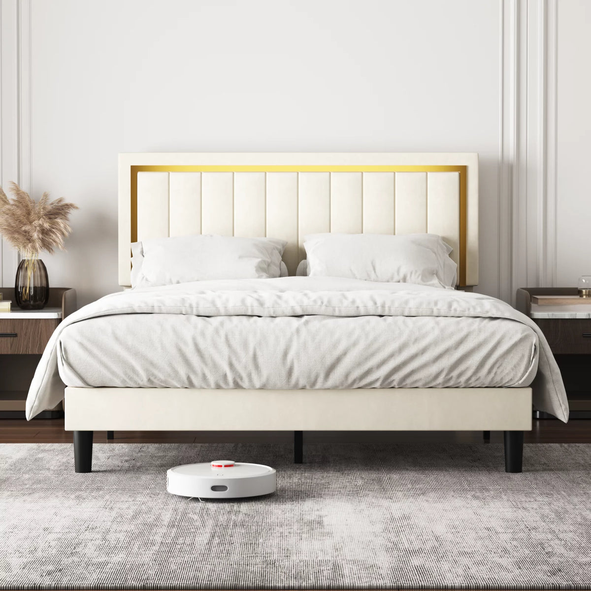 Upholstered Platform Bed Frame with Gold Trim Full Size Fabric Bed D63504