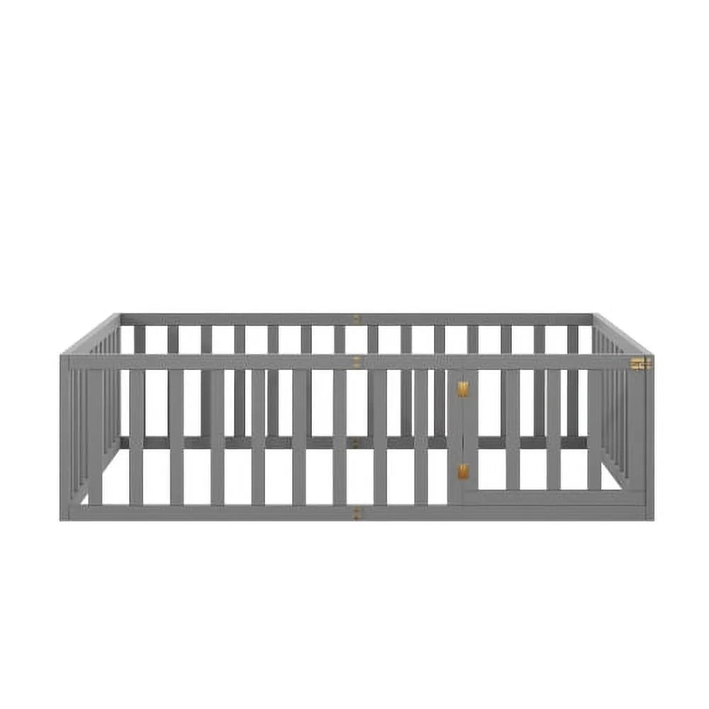 Full Size Wood Floor Bed with Fence Guardrails and Slats F707