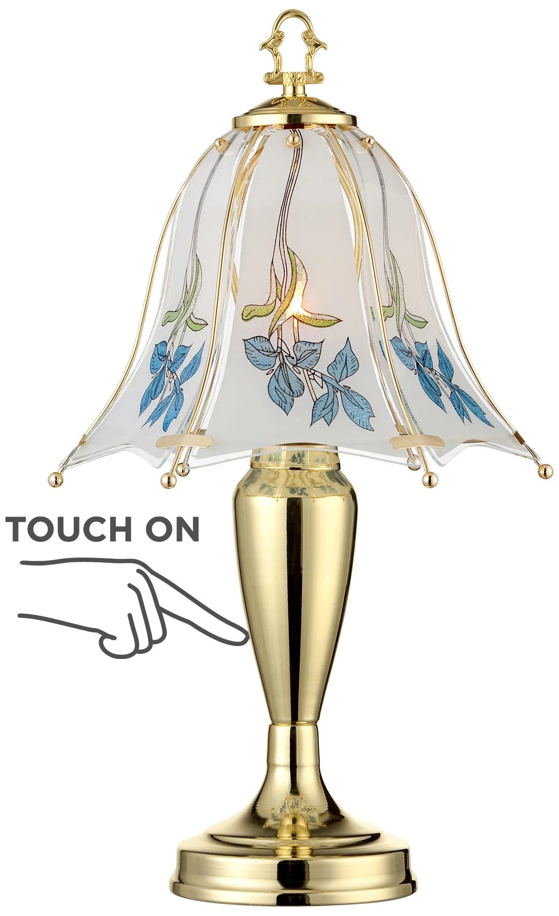 18" High Brass Accent Table Lamp Blue Floral Glass Shade E76368