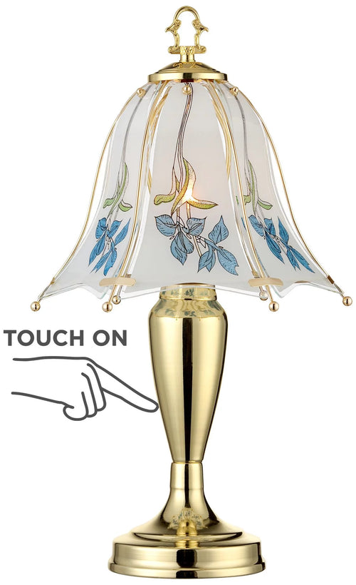 18" High Brass Accent Table Lamp Blue Floral Glass Shade E76368