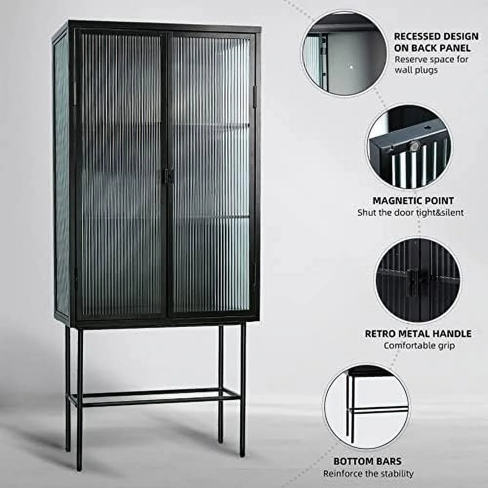 Black Fluted Glass Cabinet with Removable Shelves V26938