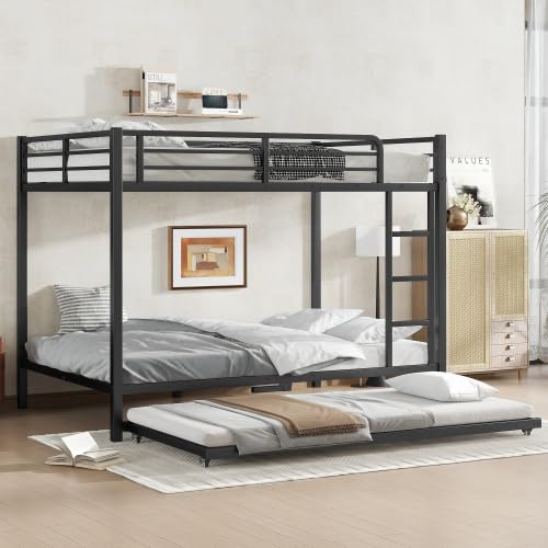 Black Twin Over Full Metal Bunk Bed with Trundle and Storage Staircase X583
