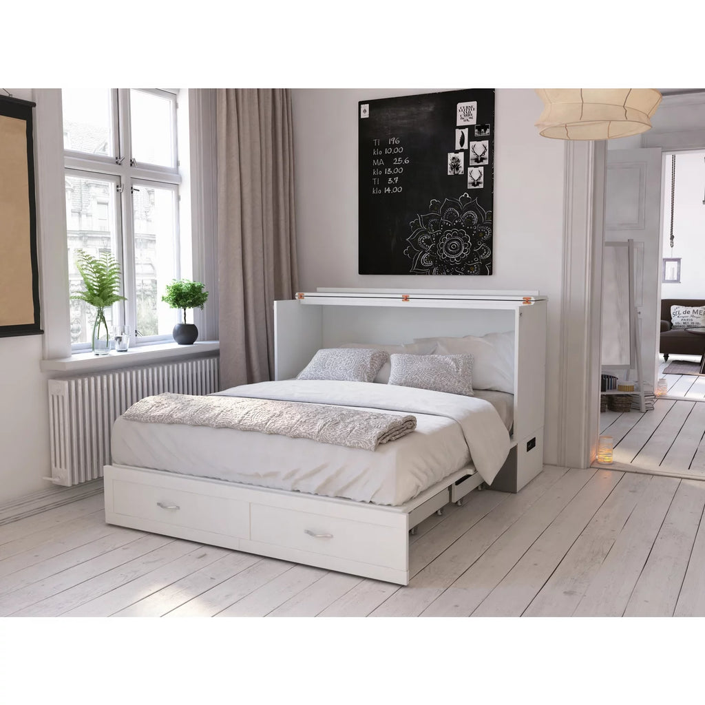 Queen Solid Wood Murphy Bed Chest with Mattress in White E337