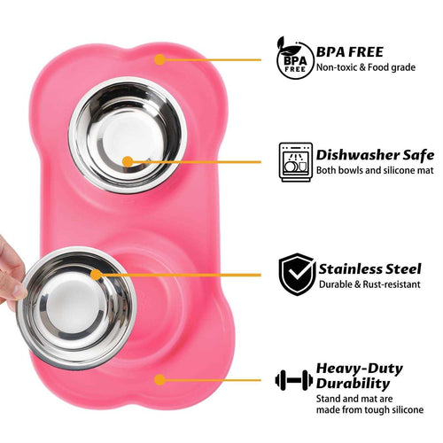 2 Stainless Steel Dog Bowl with Non-Skid Silicone Mat and Food Scoop Z2936