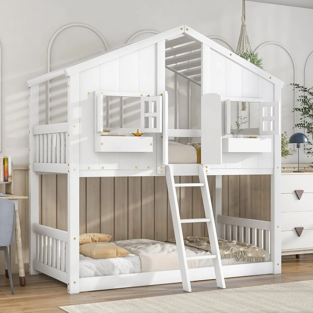 White Wood Bunk Bed with Roof and Window V721452