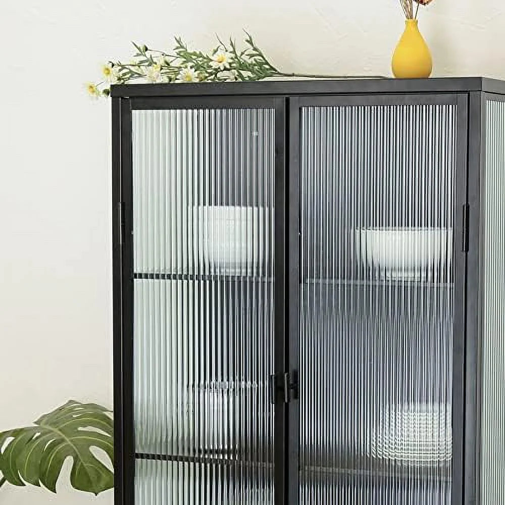 Black Fluted Glass Cabinet with Removable Shelves V26938
