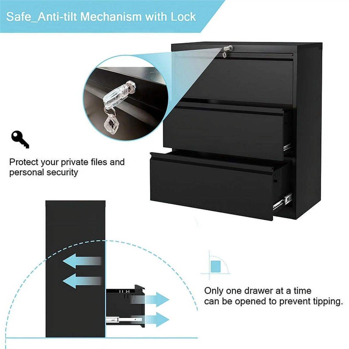3 Drawer Black Steel Locking Filing Cabinet R585