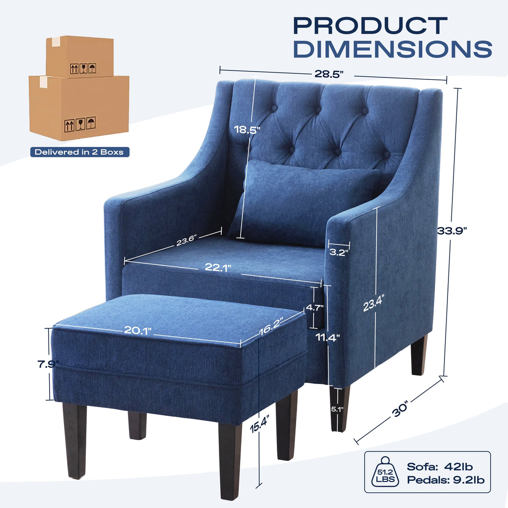 Blue Upholstered Accent Chair with Ottoman I822