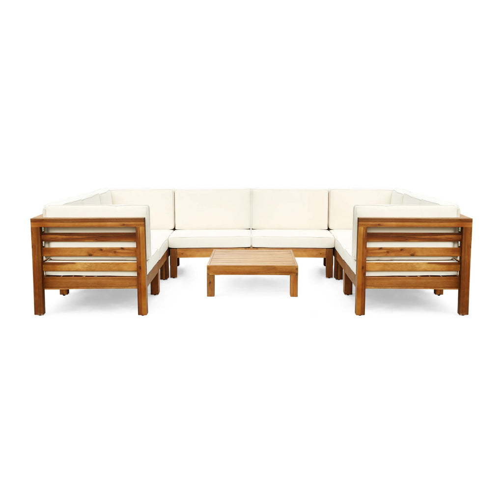 9 Piece Acacia Wood U-Shaped Sectional Sofa Set with Coffee Table and Cushions R213486