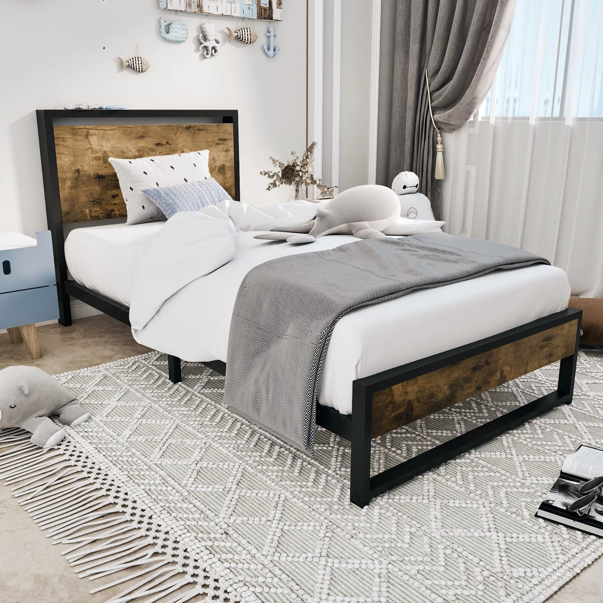 Queen Platform Bed Frame with Wooden Headboard and Steel Slats G171949