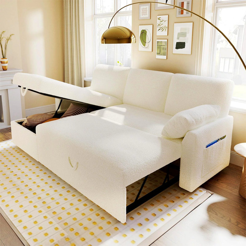 White Sherpa Sofa Bed with Storage Chaise K440488