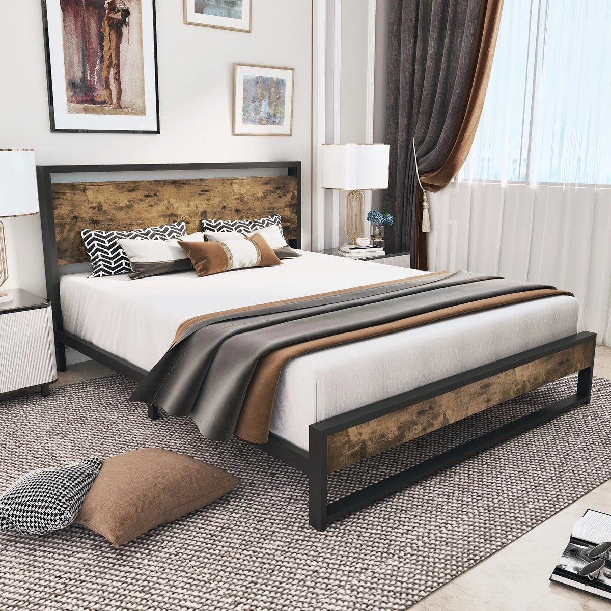 Queen Platform Bed Frame with Wooden Headboard and Steel Slats G171949
