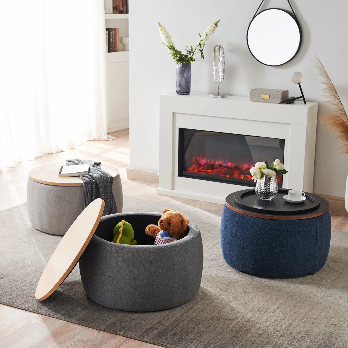 Round Storage Ottoman with Wood Cover S868