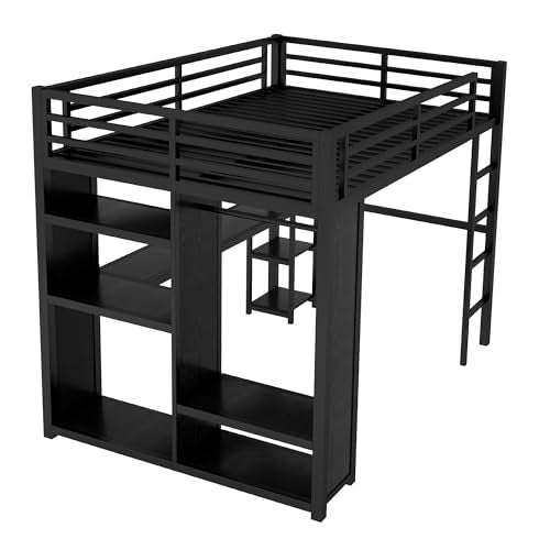 Full Size White Metal Loft Bed with Desk and Wardrobe D592