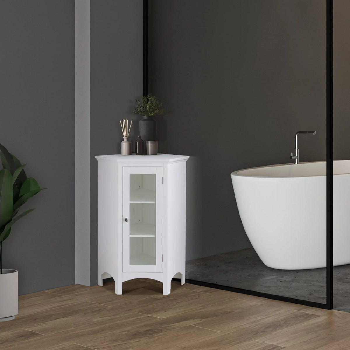 Wooden Corner Floor Cabinet with Glass Door White L173004